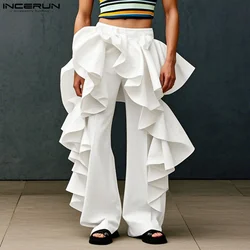 INCERUN 2025 American Style Stylish Pantalons Mens Multi-layer Ruffle Edge Design Pants Casual City Walk Solid Wide Leg Trousers