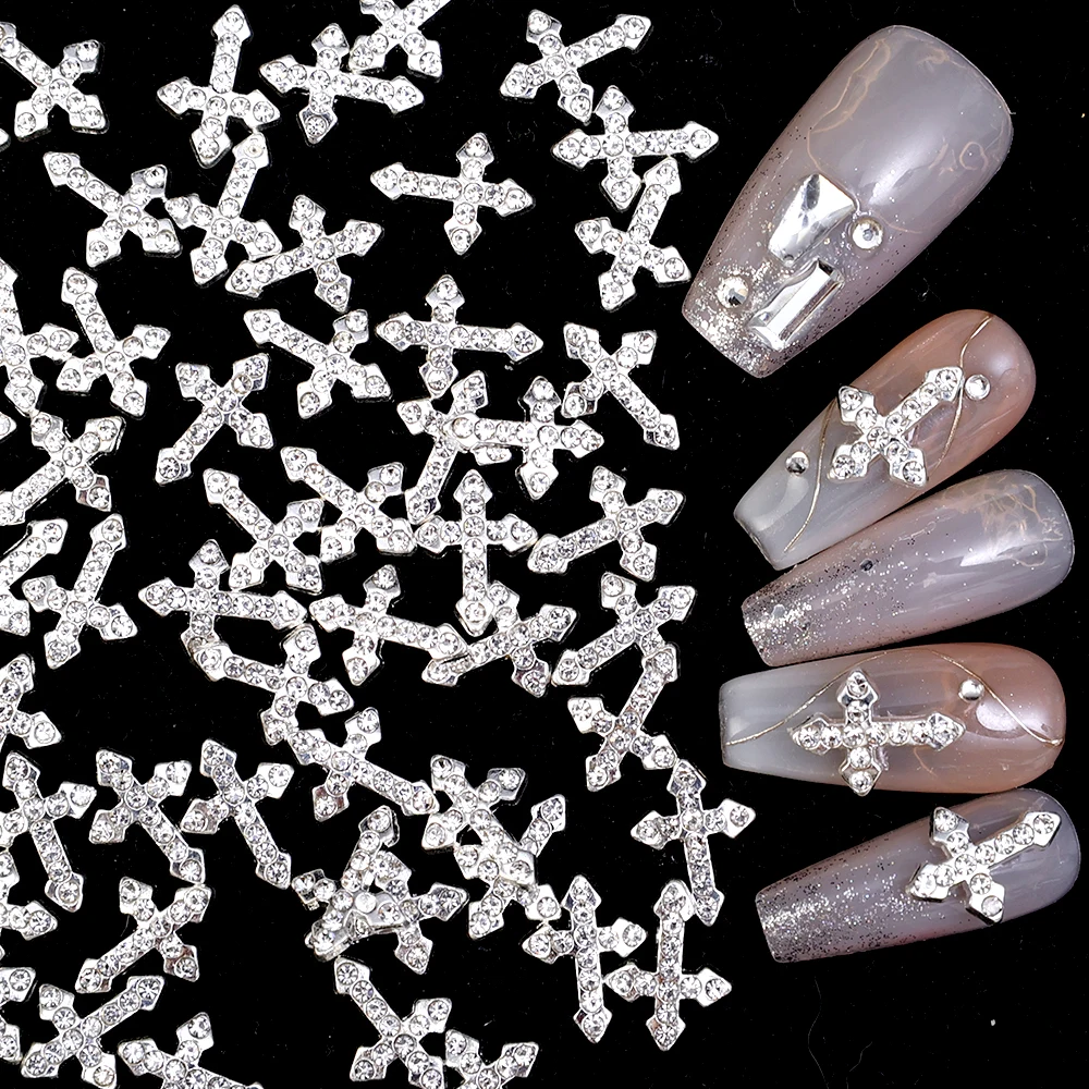 10/20Pcs Shiny Rhinestones 3D Cross Nail Art Jewelry Vintage Punk Silver Gold Flat Back Alloy Classic Cross Nail Art Decorations