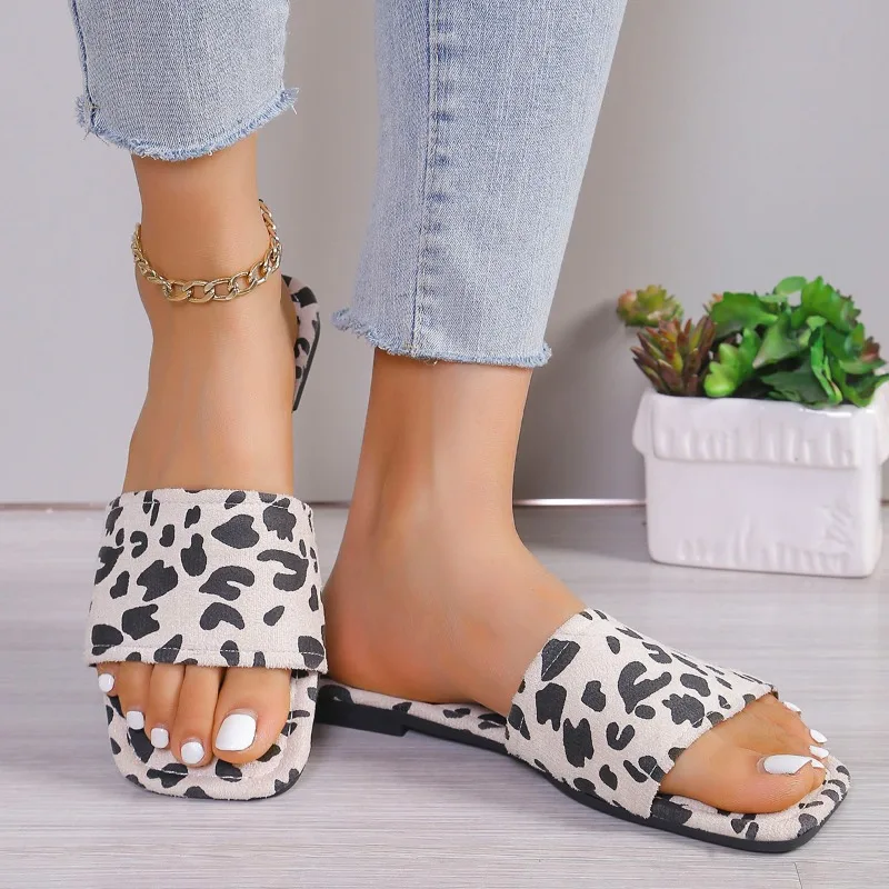 Flat sandals for women 2024 summer new item plus one line leopard print European and American casual slippers for women