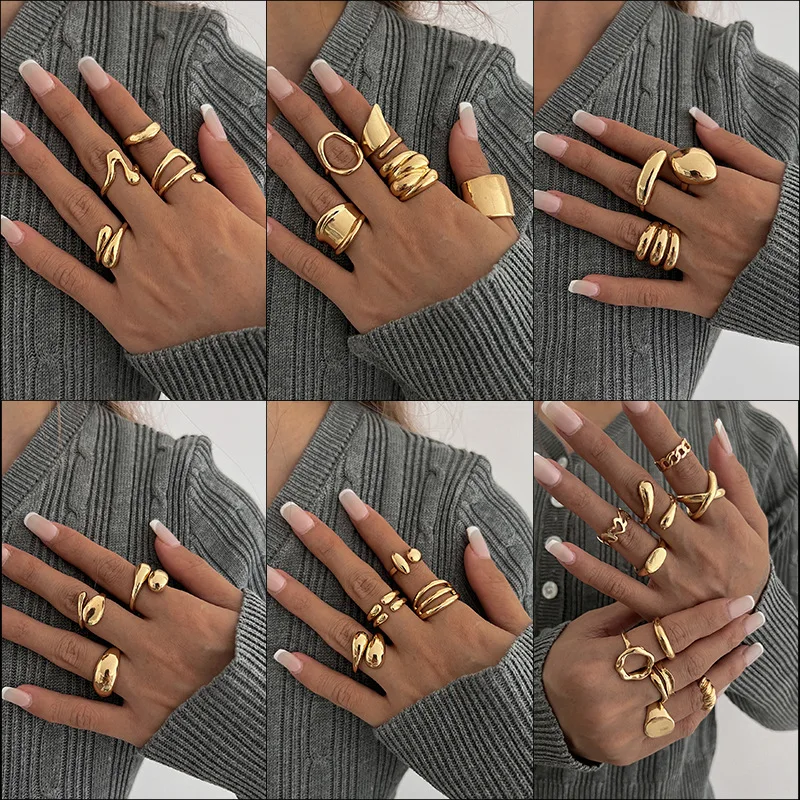 DIEZI Exaggerated 6 Style Geometric Metal Rings For Women Men Fashion Punk Gold Silver Color Knuckle Joint Ring Set Jewelry