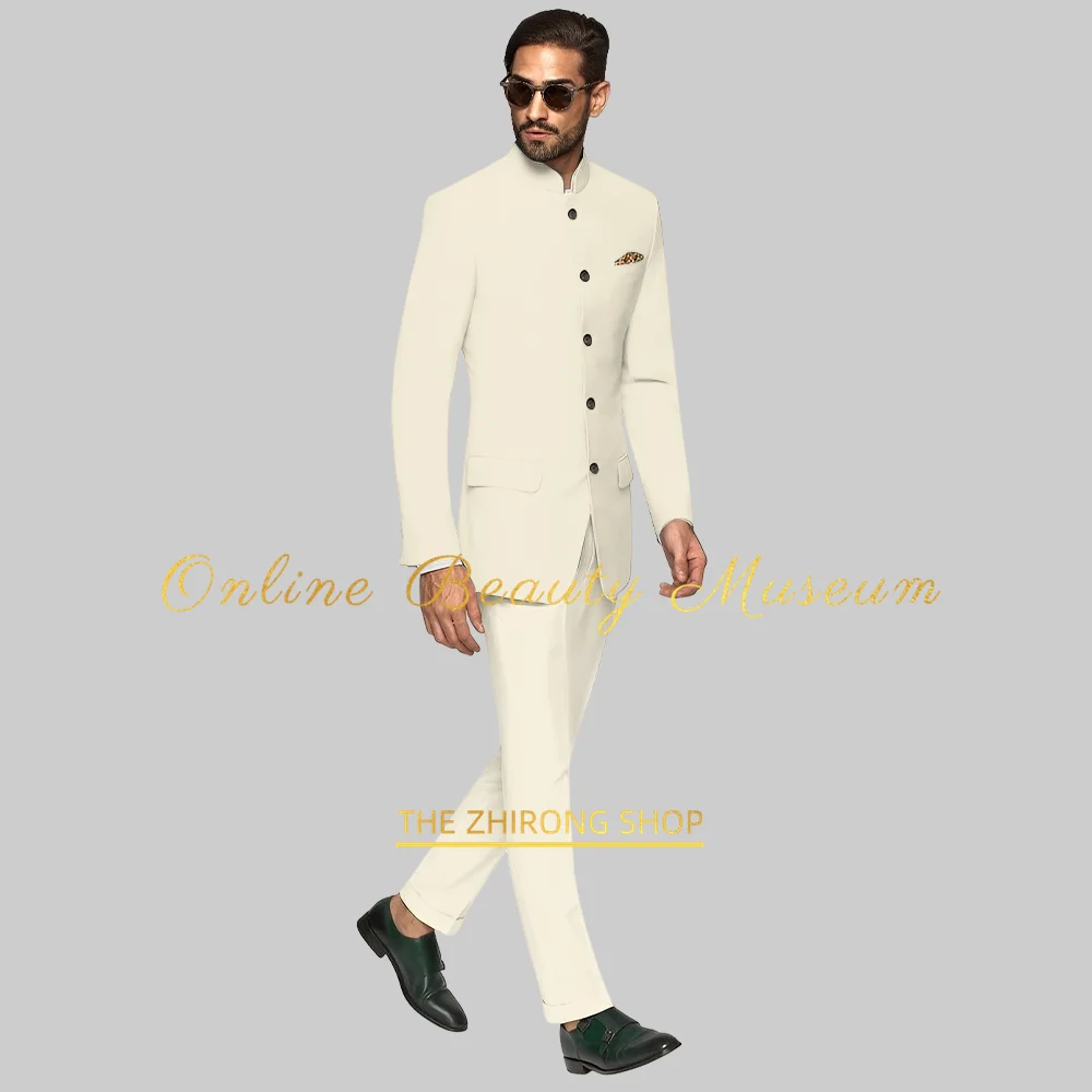 Creamy white men's 2-piece suit (jacket+pants) Chinese tunic suit wedding prom birthday party festival event custom male attire