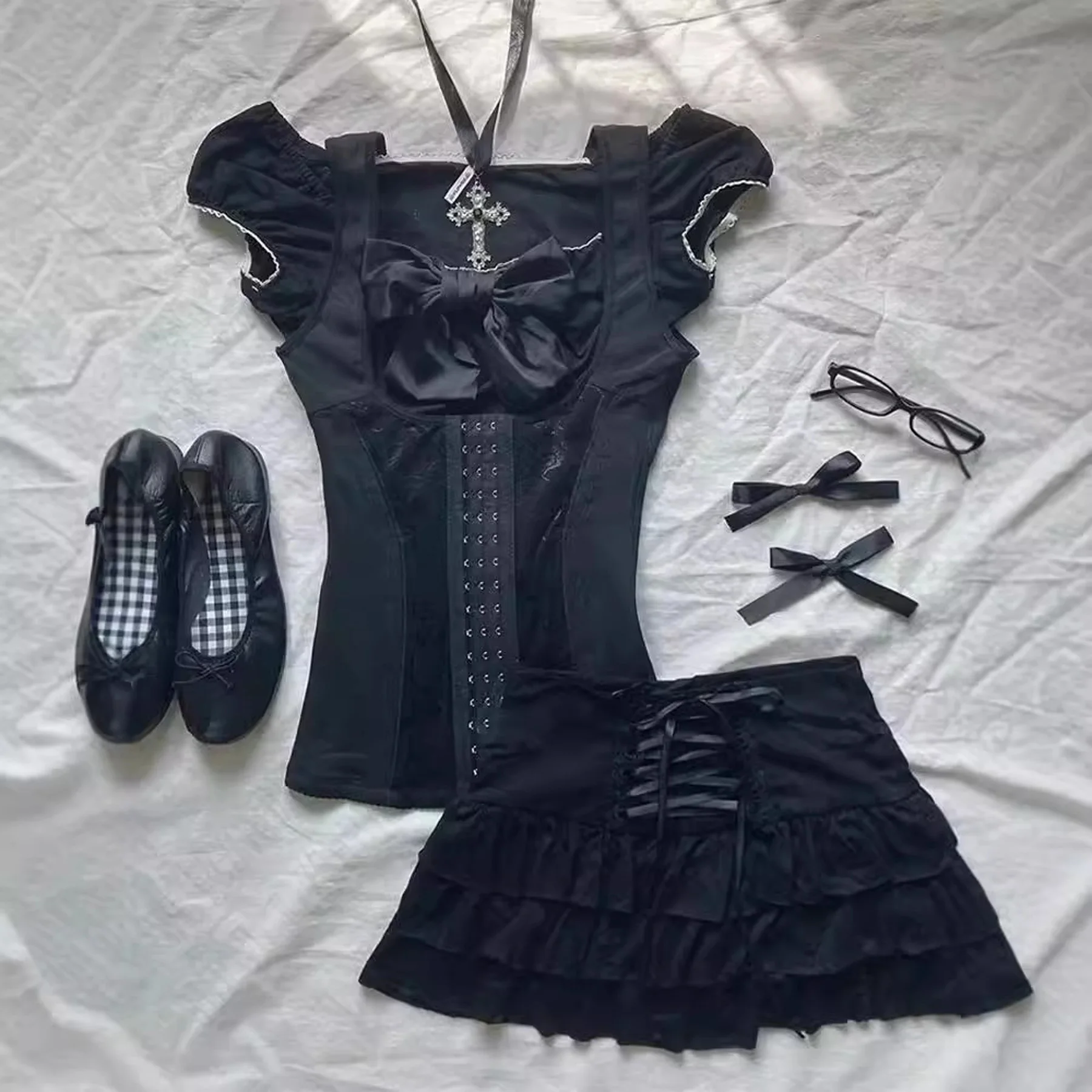 Jirai kei Outfit Lolita Girls Camicia Gonna Set Donna Kawaii Bow Manica lunga Y2K Camicia estetica casual Donna in stile giapponese