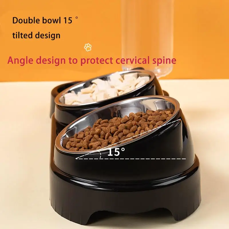 Cat Bowl Slanted Mouth Dog Bowl Cat Rice Bowl Double Bowl Stainless Steel Automatic Refilling Pet Bowl Three In One Drinking Fee