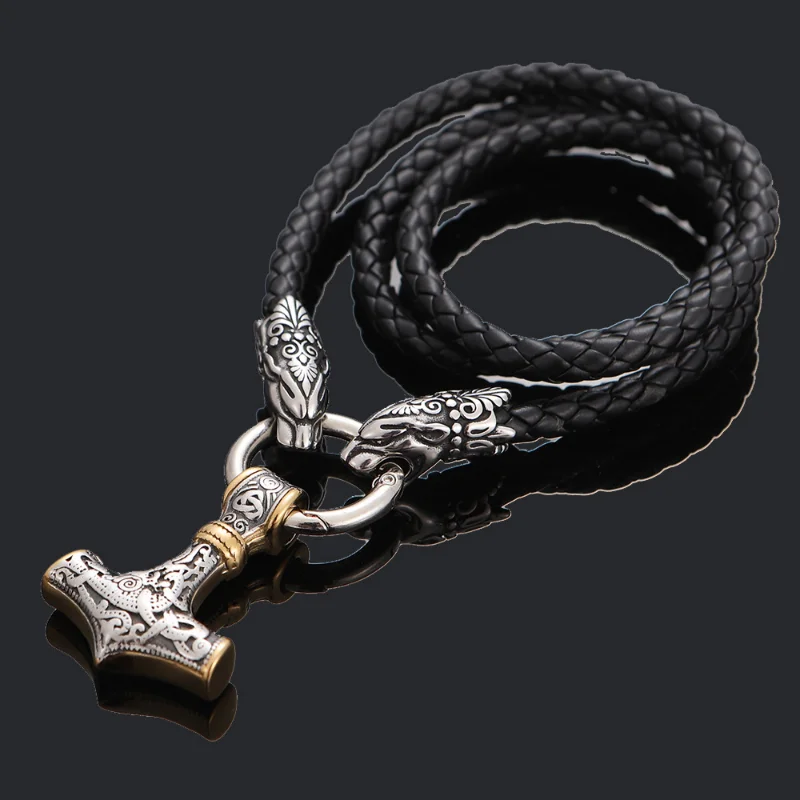 New High Quality Nordic Men\'s Thor Hammer Pendant Necklace Leopard Head Necklace Men\'s Jewelry Gift