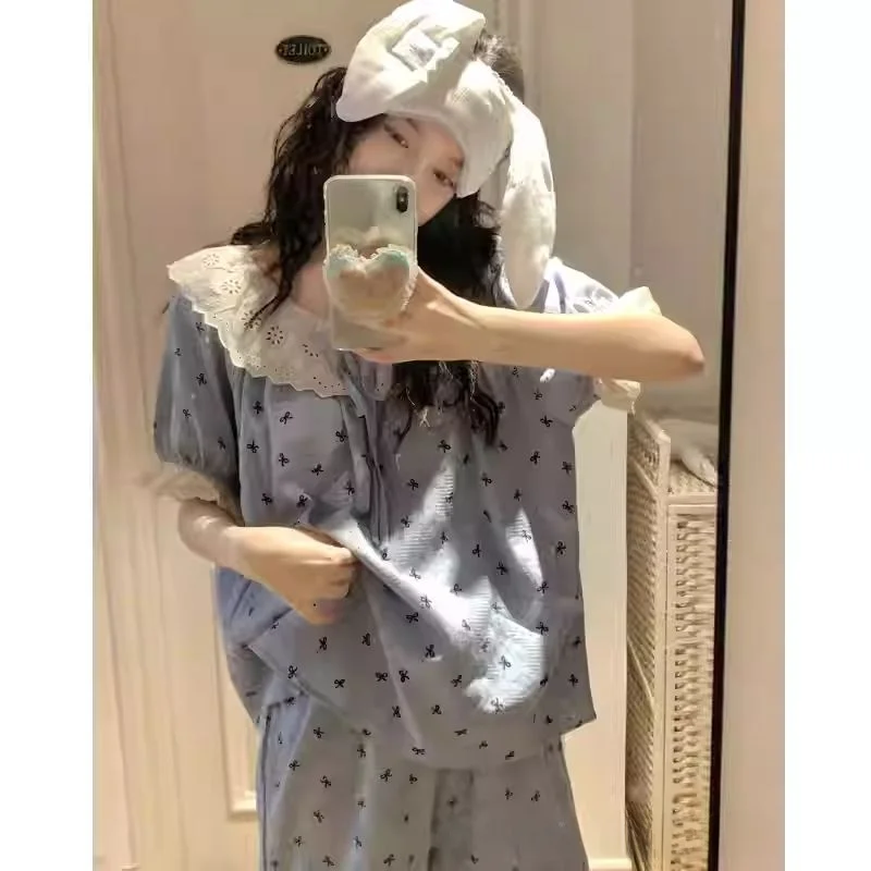 

Summer Women's Spwear Set ort Sve Long Pants Korean Sle Sweet Lace Knot Home Clothes Two-Piece Set