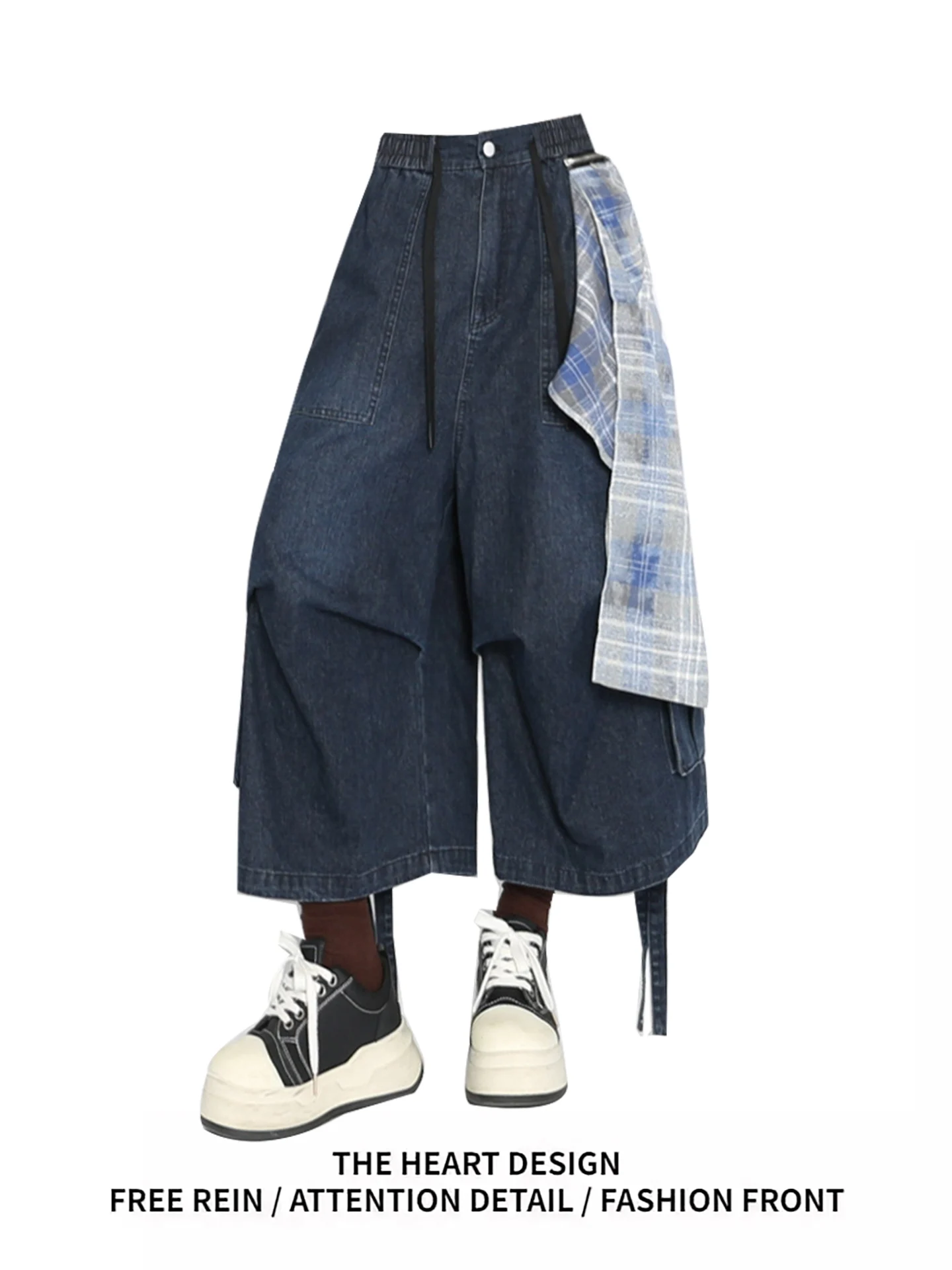 Amerikaanse Sle afneembare sjaal geruite orts dames zomer werkkleding denim losse wijde pijpen zeven broek faion hoge taille