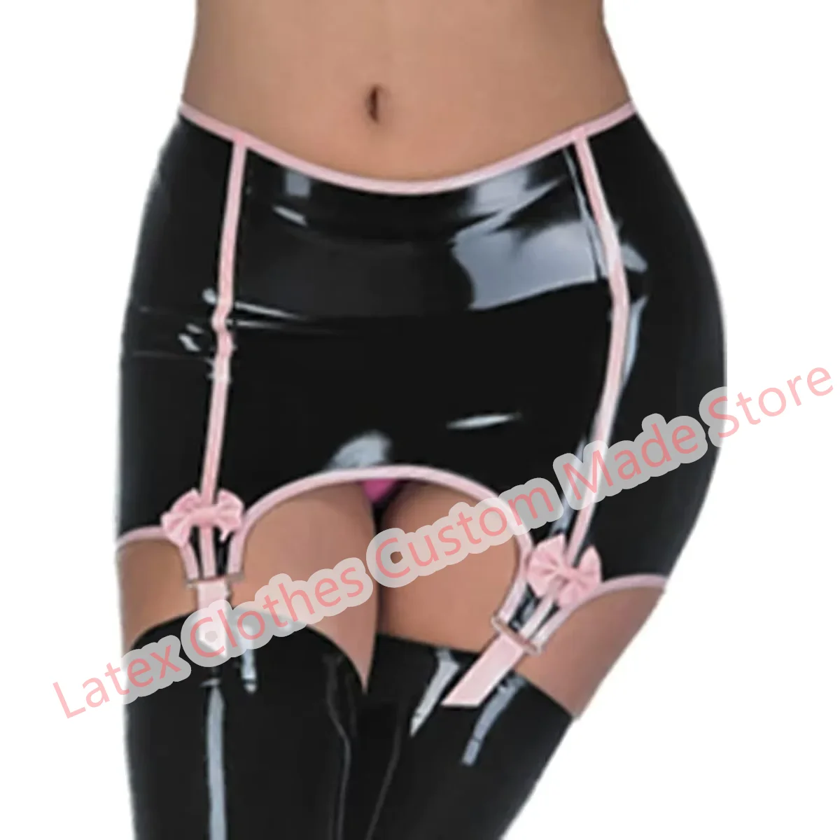 

Сексуальные резиновые латексные юбки в черно-розовые полоски с бантами, подтяжки с подвязками для чулок
