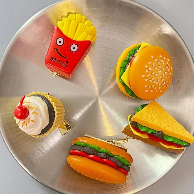 1pcs Cute Funny Simulation Food Burger Cartoon Clip for Children French Fries Cake Hair Clip Girl Birthday Gift Party Decor