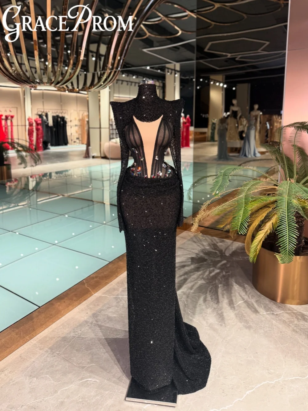 

Exquisite Beaded Crystal Evening Dress Formal Modern High Collar Wedding Party Gowns Customized Illusion Stylish Banquet Gowns
