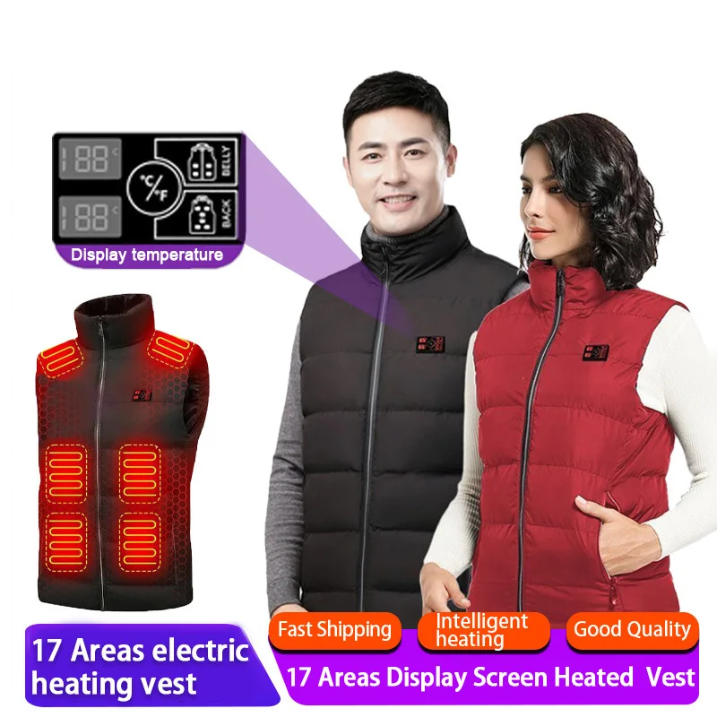 

17-зонный умный жилет с подогревом для мужчин и женщин, зимний умный контроль температуры, цифровой дисплей, жилет с электрическим подогревом для кемпинга