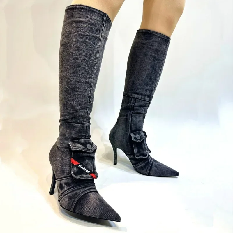 Brand Black Denim Double Pocket Design Knee High Boots Autumn Winter Women Sewing Thread Casual Grey High Heels Shoes Size 34-43