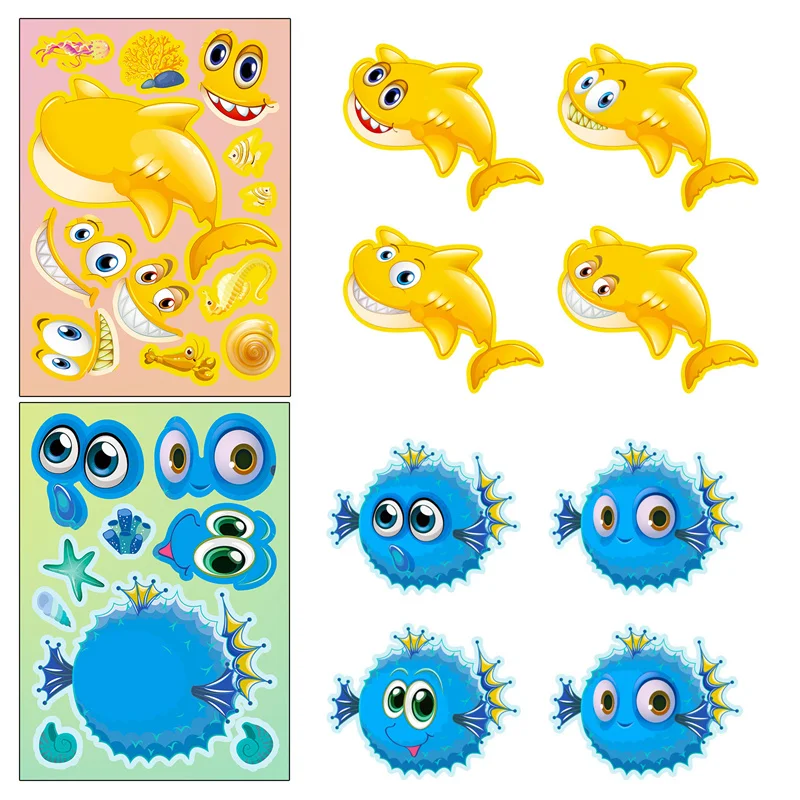 6-24sheets Puzzle Games Make-A-Sea Face Stickers Ocean Animals DIY Art Craft Rewards Stickers for School Kids Party Decorated