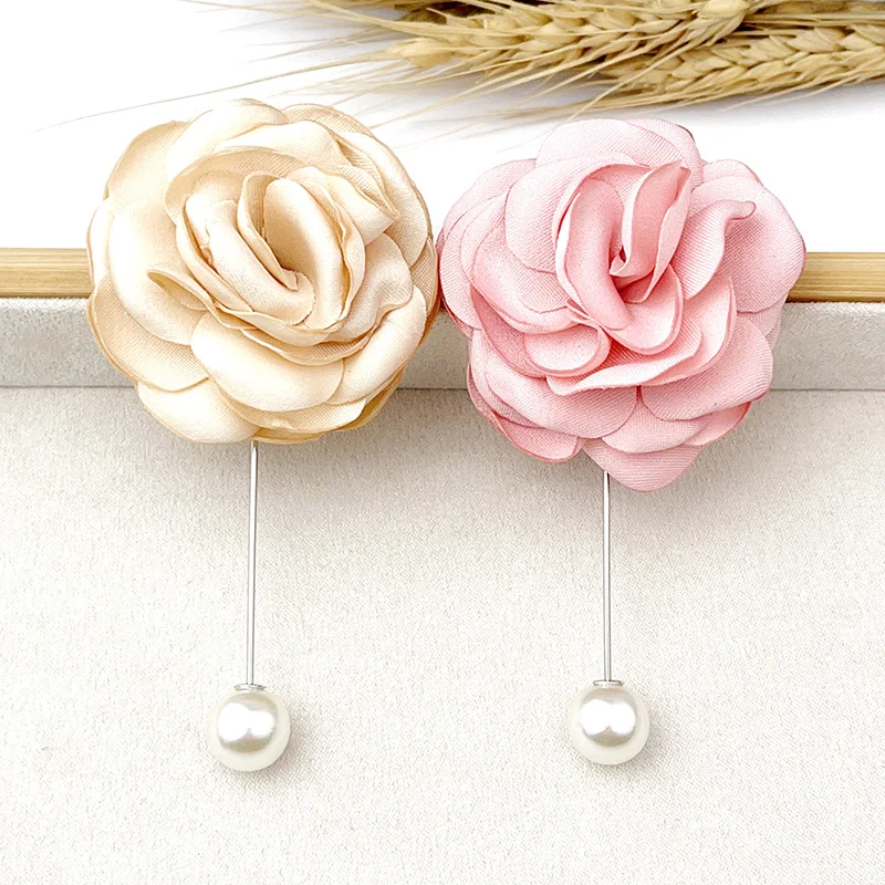 Korean Fashion Design Handmade Silk Flower Brooch Pearl Camellia Pins Woman Summer Daily Colthes Button Anti Slip Small Trinket