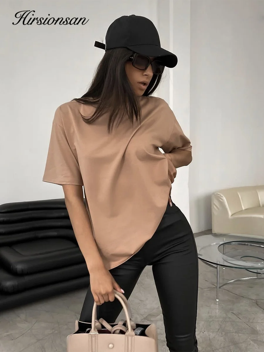 Hirsionsan 100% Cotton T Shirt Women 2024 Summer New Oversized Solid Tees Casual Basic Loose Tshirt Chic O Neck Female Tops