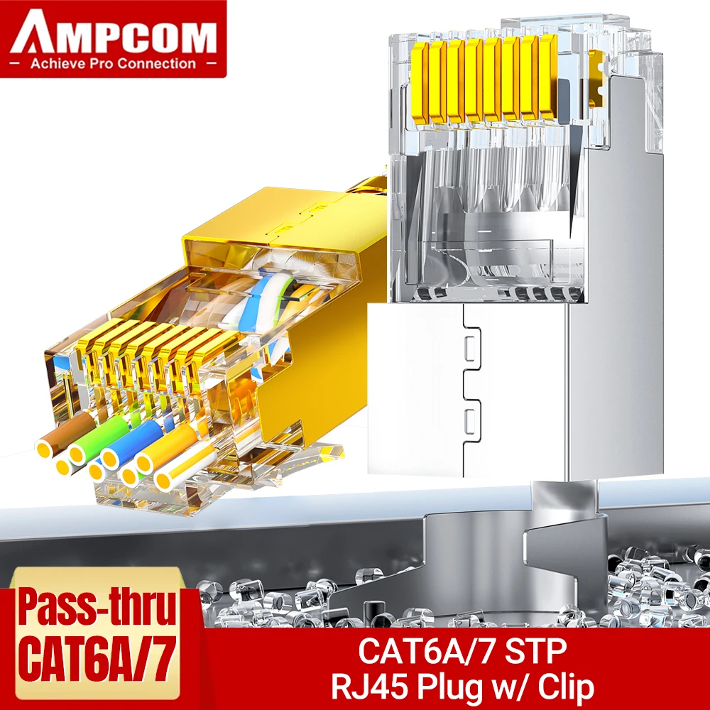 AMPCOM CAT7 Pass Through RJ45 Modular Plug Network Connectors STP 3/50μ Gold-Plated 8P8C Crimp End for Ethernet Cable