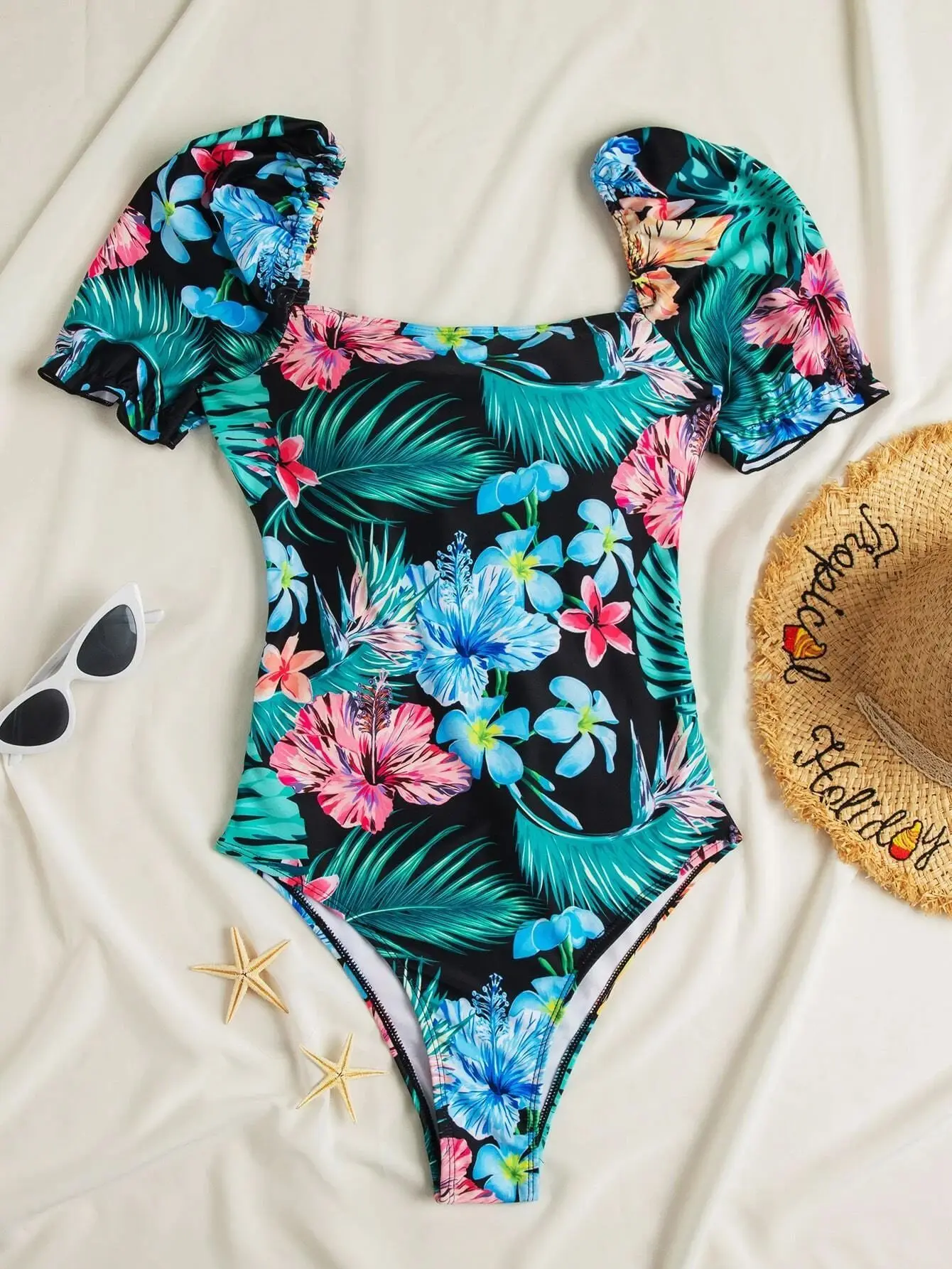 

2025 New Floral Print Swimsuit One Piece Swimwear Women Sexy Short Sleeve Bathers Lace Up Bathing Swimming Suit Female Beachwear