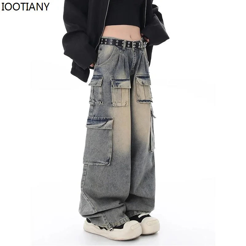 Pantaloni Cargo da donna con Design Multi-tasca Streetwear Jeans a gamba larga americani a vita media pantaloni dritti femminili larghi alla moda