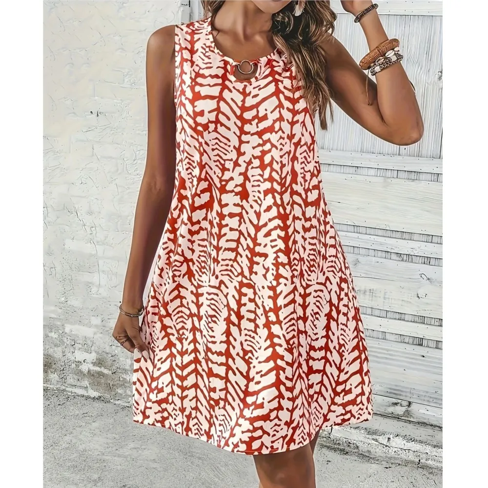 

Printed Ring Sleeveless Dress Summer Women's New Fashion Vacation Casual Round Neck Loose Knee-length Dress Платье Женское