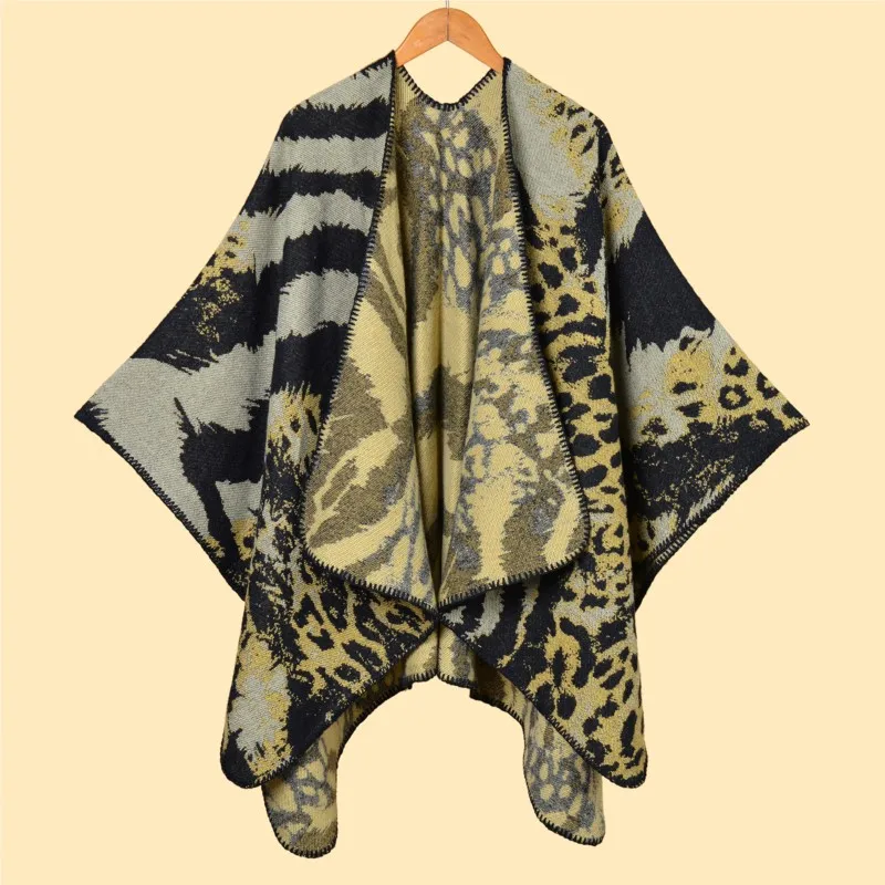 

Jacquard split warm shawl cape SHAWLS for fashionable ladies in Europe and America, classic animal print fashion show shawls