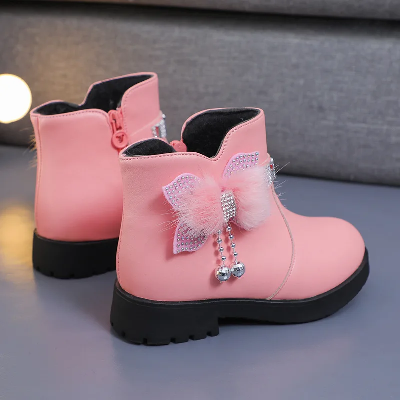 Botines Girl Boot Girl Mid Length Warm Leather Boot Baby Bow Cute Cotton Shoe Plush Winter New Student Two Cotton Boot Kid Shoe