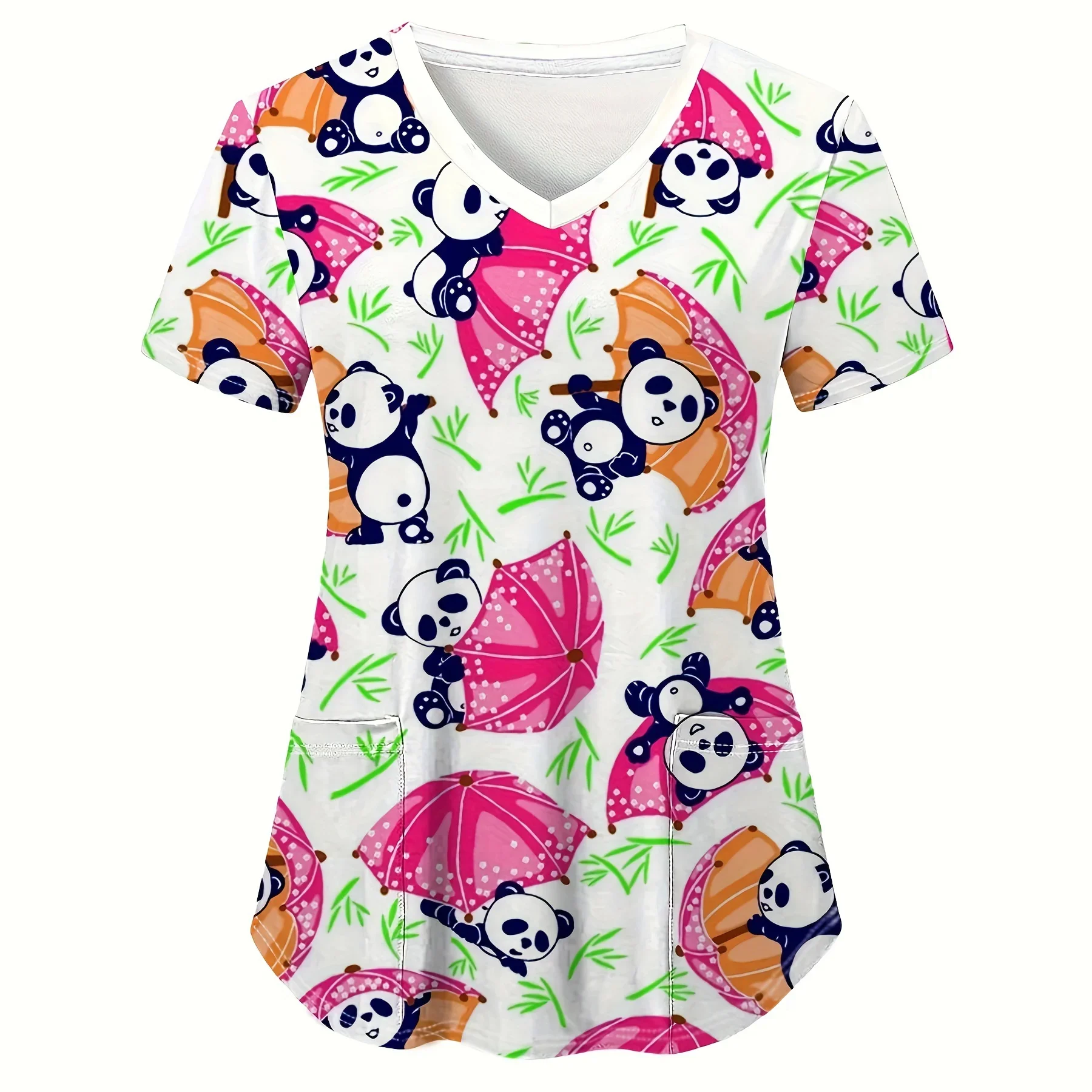 여성용 의료 유니폼 귀여운 팬더 만화 프린트 헬스케어 간호사 상의 V넥 반팔 포켓 티셔츠 임상 유니폼