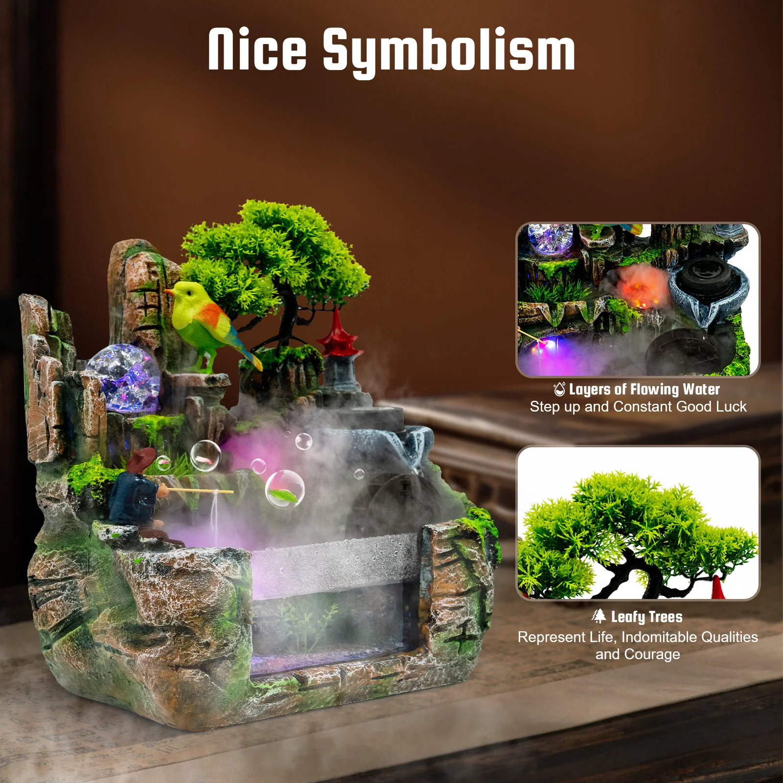 

Indoor Tabletop Water Fountain Rockery Waterfall Decor, Home LED Resin Ornament