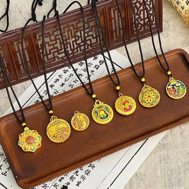 

9999 Real Gold 24K Enamel Color Silk Eight Treasures Compass Ancient Gold Genuine Lotus Buddha Statue Pendant