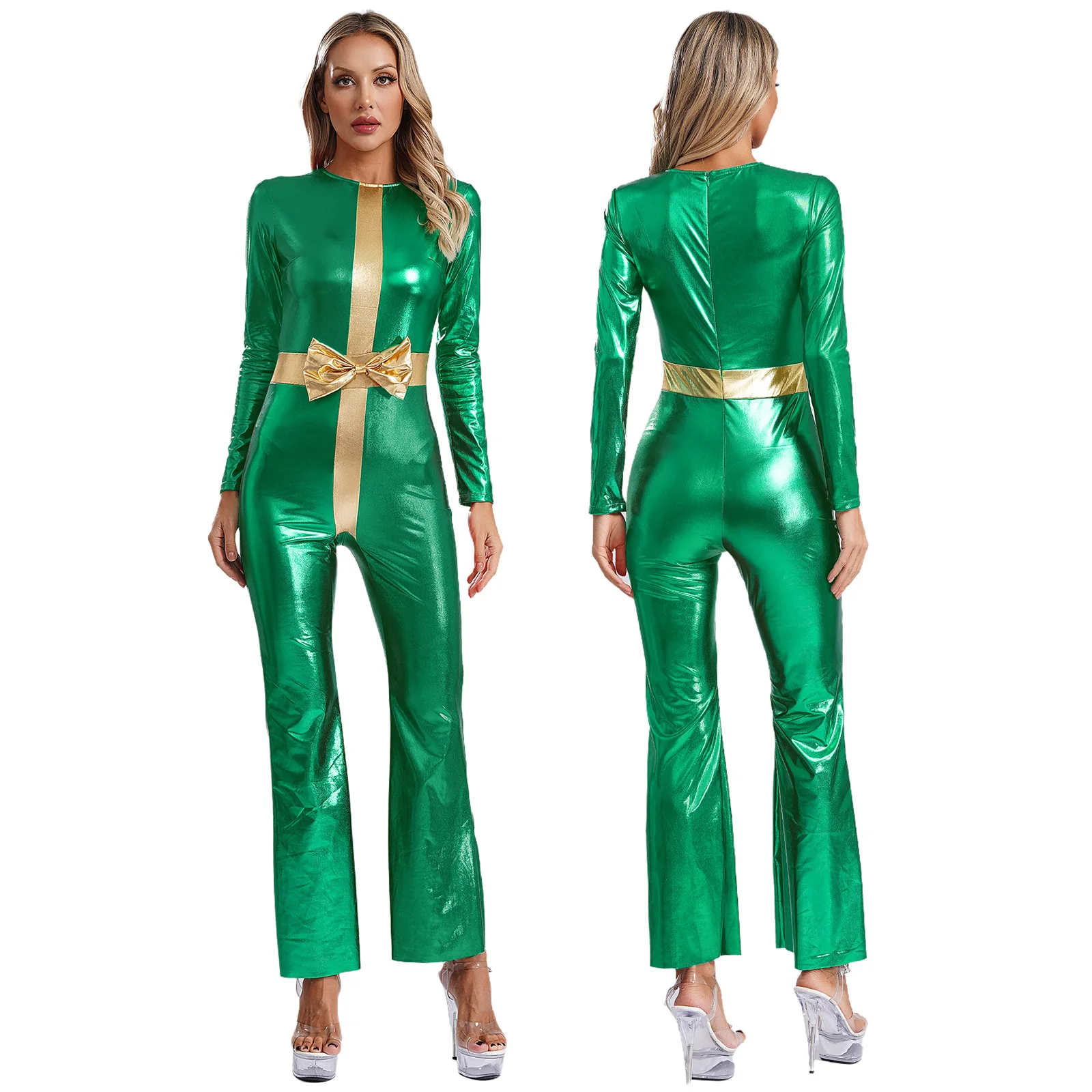 Women Christmas Cosplay Costume Xmas New Year Party Dance Leotard Long Sleeve Metallic Shiny Bow Bell Bottom Jumpsuit Bodysuit