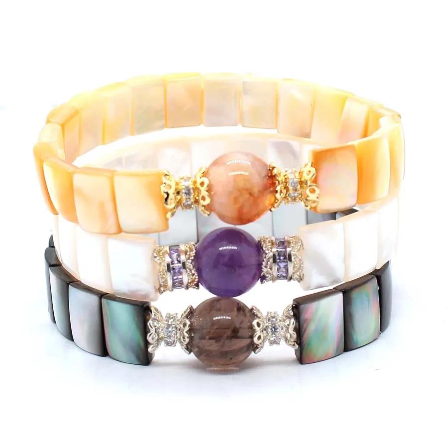 Charms Natural Abalone Shell Bracelets For Women Amethyst Citrine Crystal Round Beads Stone Choice Men Bangle Bracelet Jewelry