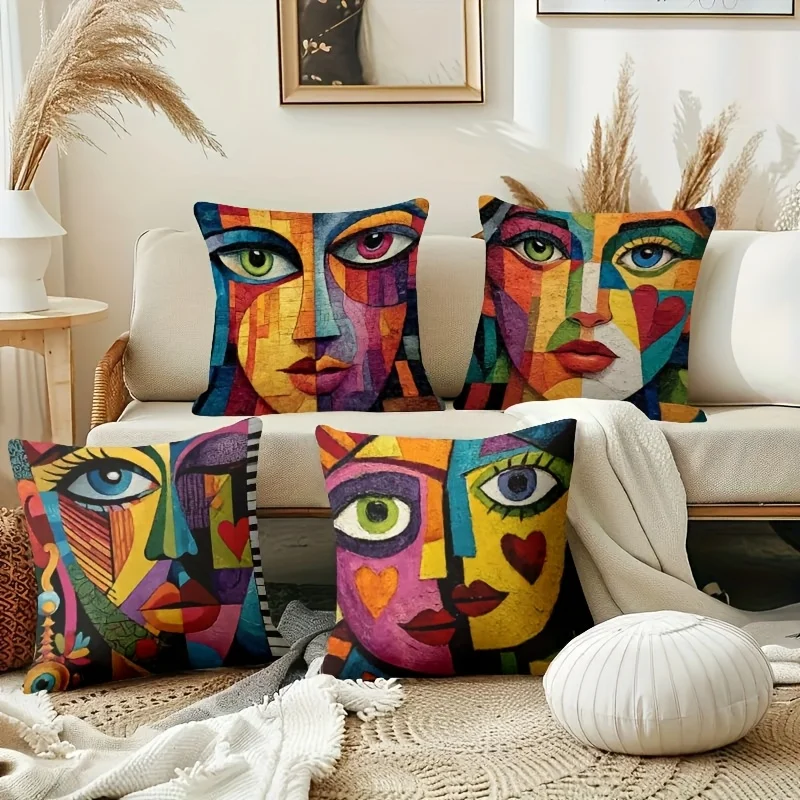 1PC 2D Flat Abstract Cubism Portrait Throw Pillow Covers Boho Home Decor No Pillow Core Unreal Embroidery