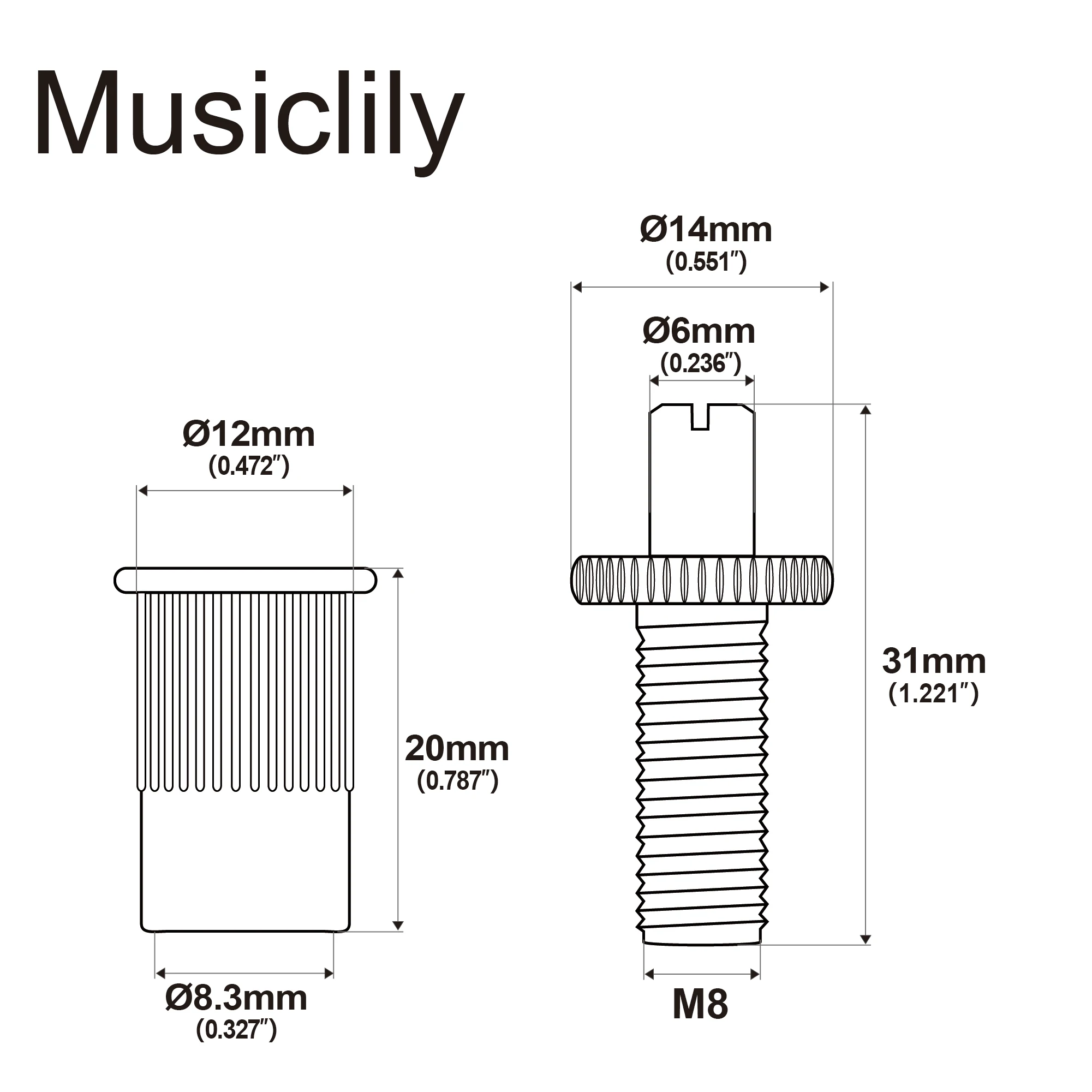 Musiclily Pro Metric Mounting Stud and Bushing for Imported LP Style Electric Guitar Nashville Tunematic Bridge (Set of 2)