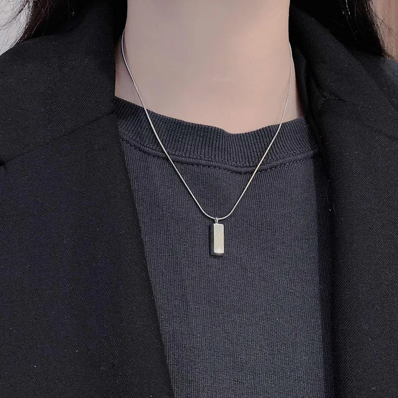 Cool Silver Color Bricks Pendant Necklace Stainless Steel Clavicle Chain Simple Creative Men Necklace Hip Hop Geometric Jewelry