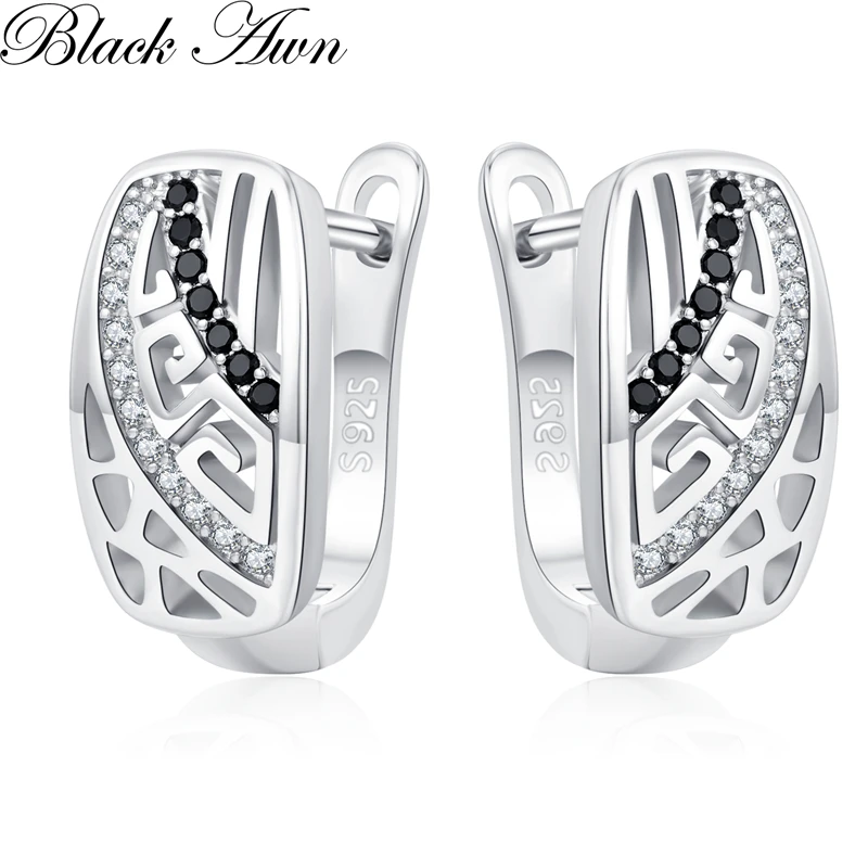 Black Awn Classic Silver Color Oval Black Trendy Spinel Engagement Hoop Earrings for Women Jewelry Bijoux I286