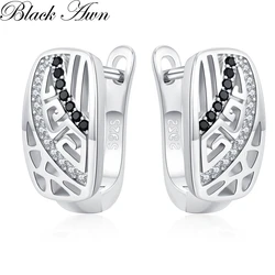Black Awn Classic Silver Color Oval Black Trendy Spinel Engagement Hoop Earrings for Women Jewelry Bijoux I286
