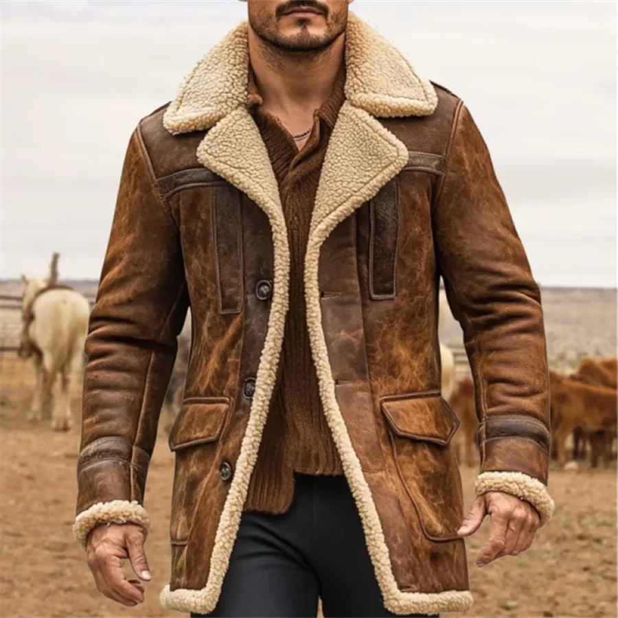 

2026 Men's Vintage Suede Patchwork Outdoor Jacket Autumn Winter Fleece Coat with Multiple Pockets Casual Cowboy Outerwear