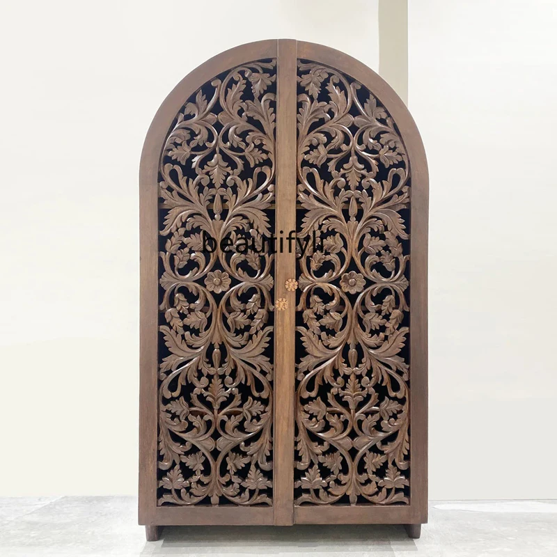 French retro hollow carved solid wood wardrobe, entrance entrance decorative cabinet South East Asia bed and breakfast furniture