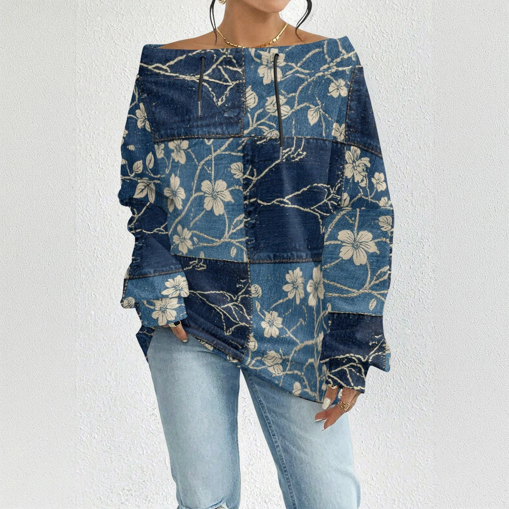 المرأة الأزرق خمر الأزهار طباعة البلوز قبالة الكتف الرباط البلوز الأعلى مع الزهور الوردية فضفاضة تناسب بلوزة عادية