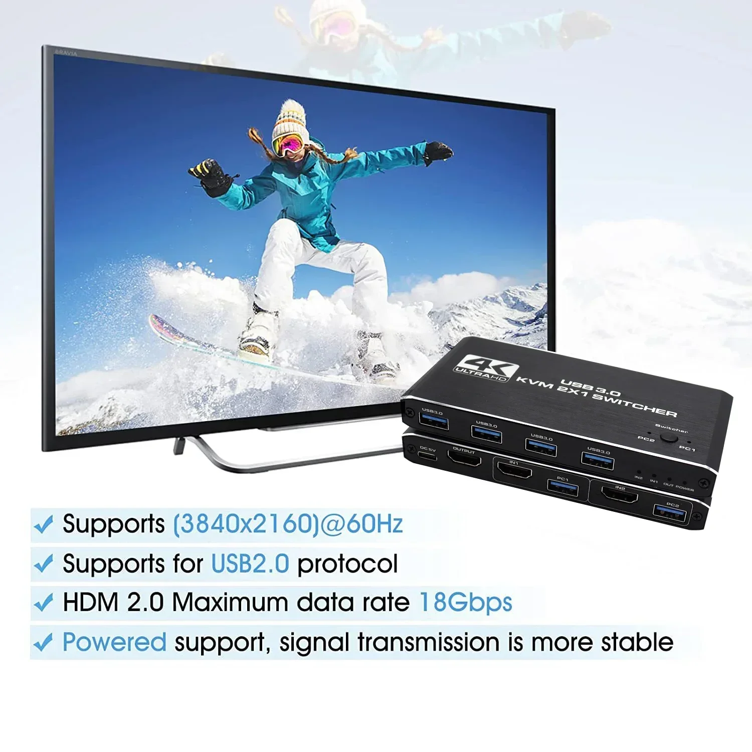 4K KVM Switch Splitter 2-Port HDMI USB HDMI-compatible Plug and Play for Shared Monitor Keyboard and Mouse Adaptive HDCP Printer