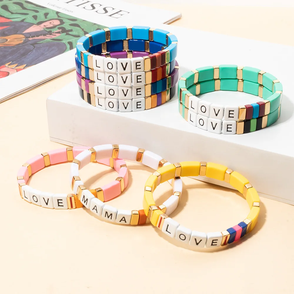 

Fashion Color Square Enamel Elastic Bracelet LOVE Colorful Square Can Be Folded Beaded Bracelet Jewelry Accessories Wholesale