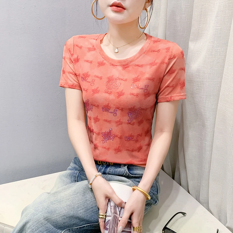 Black,Summer,Korean,Style,T-Shirt,Women,Chic,Sexy,O-Neck,Letter,Shiny,Diamonds,Tops,Short Sleeve,Casual,Drill,Tees,New,532505