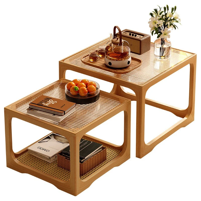 

Solid wood glass coffee table living room household small apartment tea table square combination side table