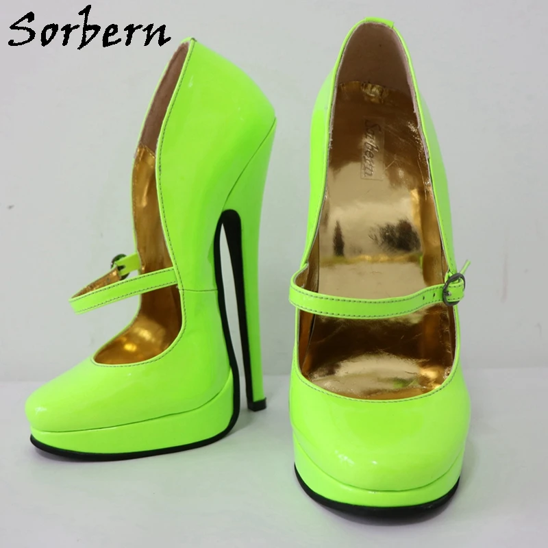 Sorbern Neon Green Women Pumps punta tonda Mary Janes 18Cm tacco alto tacchi a spillo piattaforma inclinata Sissy Boy Fetish Heeled