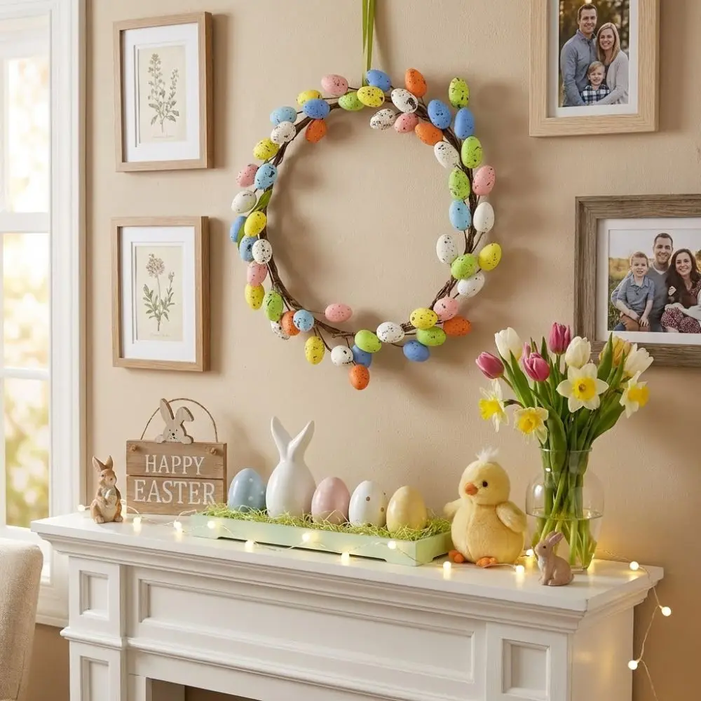 

Farmhouse Artificial Easter Egg Wreath Handmade Simulation Egg Door Sign Spring Wreath Foam Egg Front Door Wreath Indoor Outdoor
