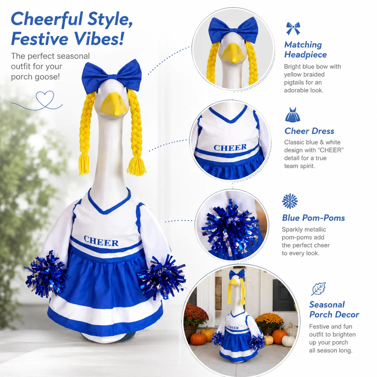 Cheerleader Goose Outfit for 23 Inch Porch Goose, Football Game Day Costume with Bow Braids Pom Poms, Outdoor Garden Decor