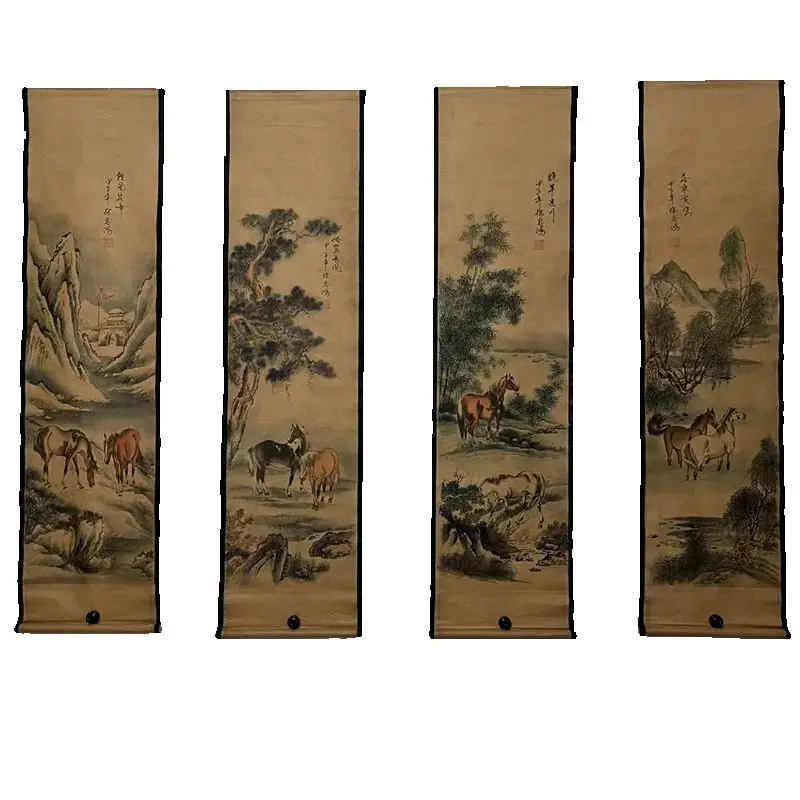 

China Old Paper Calligraphy Paintings Scrolls, Four pairs of famous calligraphy and painting murals (Xu Beihong's Eight Horses