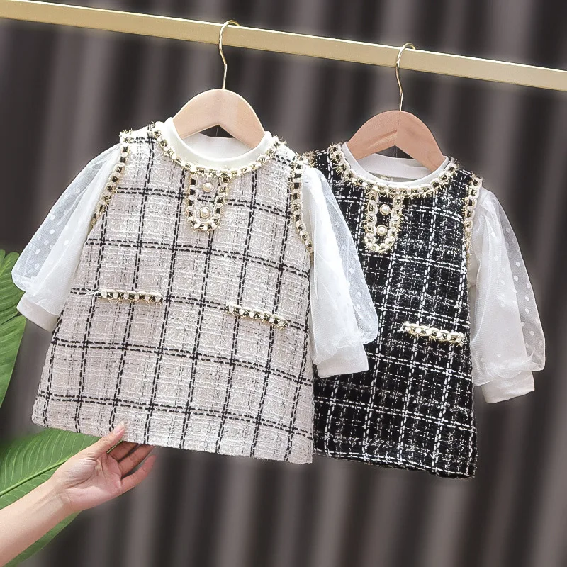 2023 Cute Baby Girls Dresses Spring Autumn Puff Sleeve Kids Princess Clothes Plaid Vest Dress+T-shirt Two piece set 0-4 Years