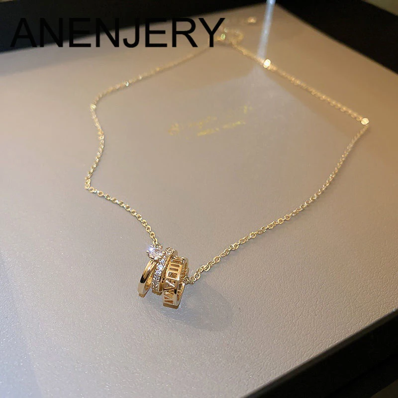 ANENJERY Golden Geometric Zircon Letter Hollow Multi Ring Pendant Necklace For Women Fashion Versatile Jewelry Gift Wholesale