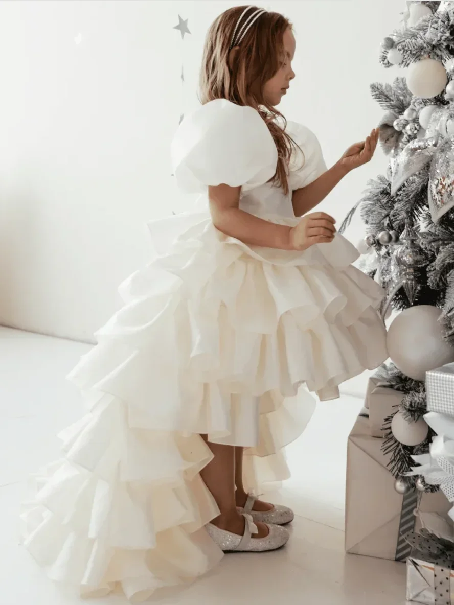 

Princess Flower Girl Dress For Wedding Light White Ivory Layered Ruffles Sleeveless Child First Eucharistic Birthday Party