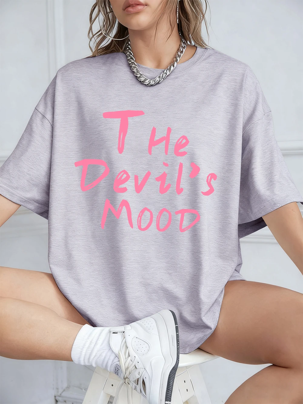 The Devil'S Mood Letters Prints T-Shirts Women Summer Cotton Short Sleeve T Shirt O-Neck Comfortable Loose Tops Casual Clothes