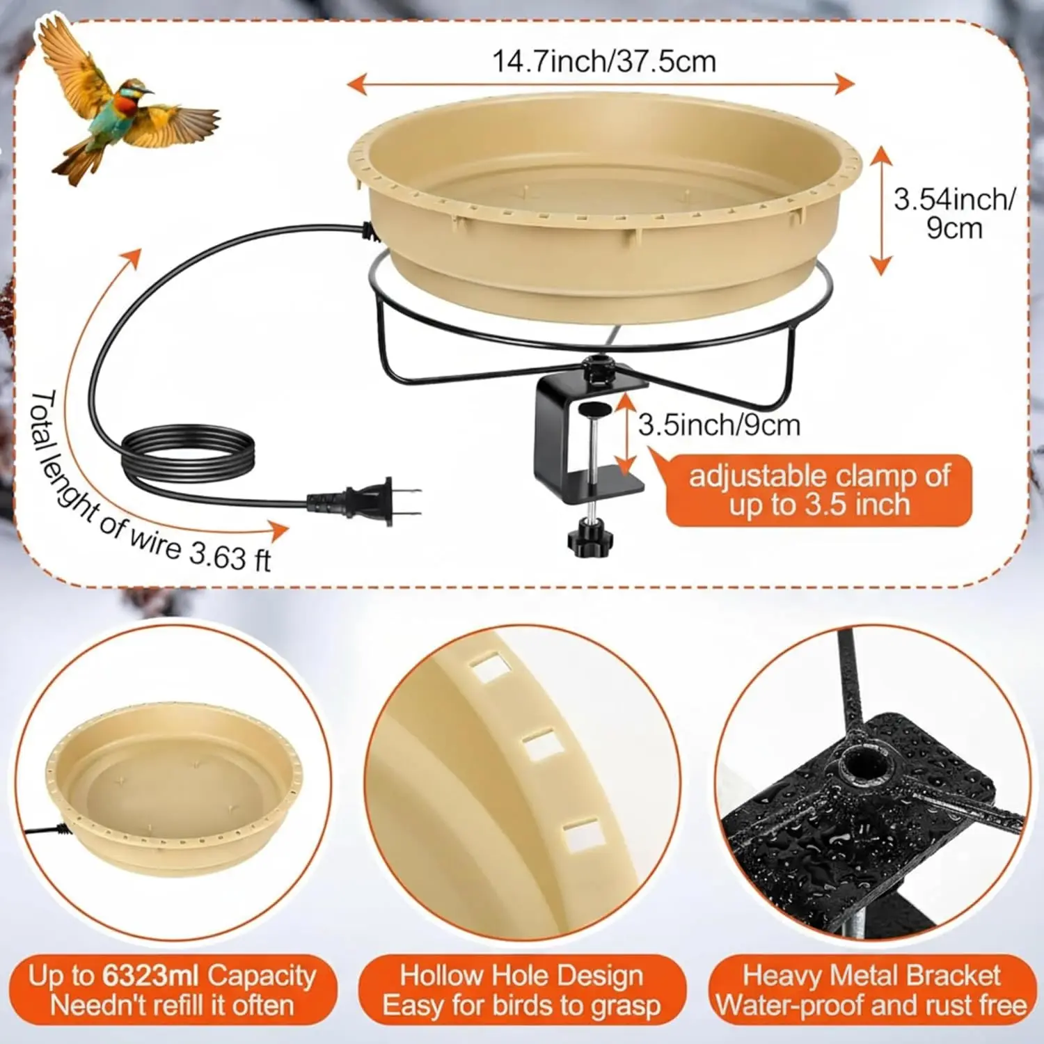 14.7" Heated Bird Bath for Winter, 75W Thermostatic Deck Mount with 1.67 Gallon Capacity for Outdoor Garden view 4